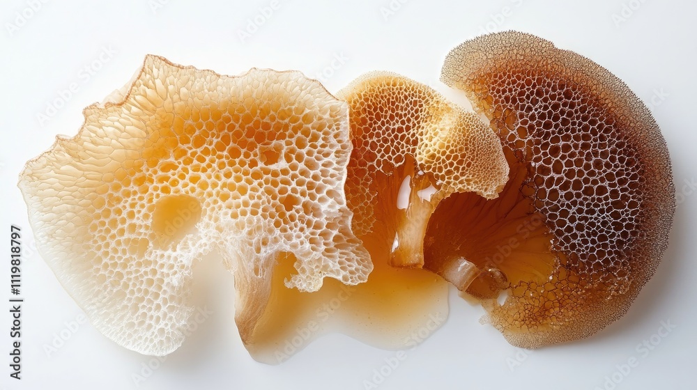 Agaric honey mushrooms featuring intricate textures and colors on a clean white background for culinary or botanical use Agaric honey mushrooms featuring intricate textures and colors on a clean white background for culinary or botanical use