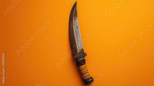 Ancient kukri knife with a distinctive blade and ornate handle showcased against a vibrant orange background for artistic and cultural themes. photo