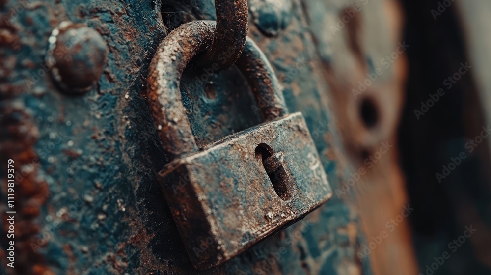 Detailed close-up of a weathered, rusty padlock on a textured surface, showcasing corroded metal and intricate details, vintage, security, abandonment, industrial. Detailed close-up of a weathered, rusty padlock on a textured surface, showcasing corroded metal and intricate details, vintage, security, abandonment, industrial.