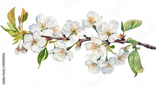 Fototapeta Naklejka Na Ścianę i Meble -  Watercolor Painting of a Branch with Delicate White Blossoms