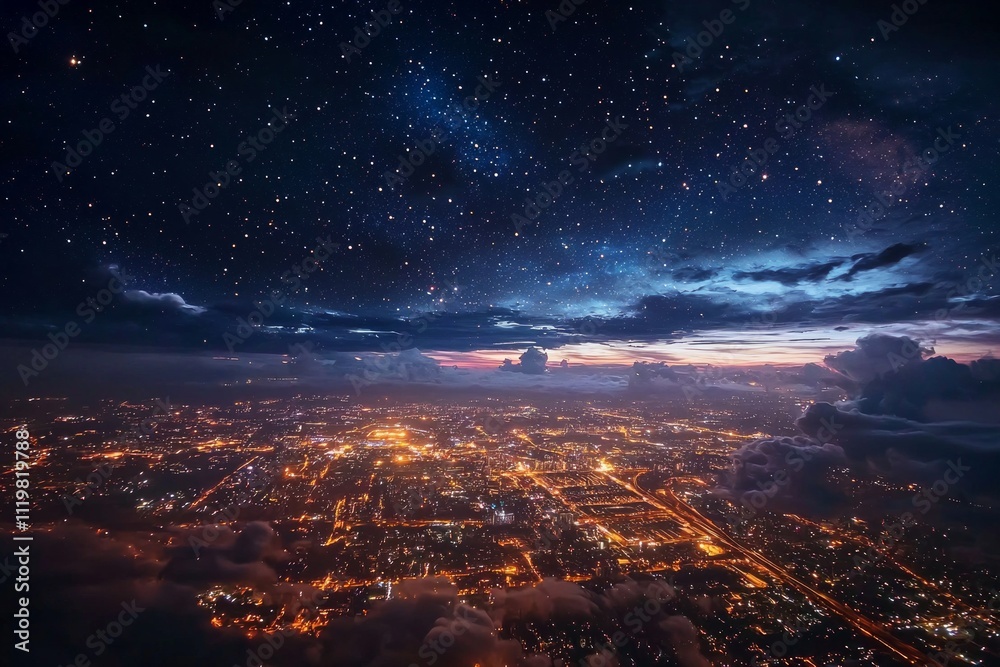 Beautiful night sky over a city, with stars and clouds in a hyper-realistic style Beautiful night sky over a city, with stars and clouds in a hyper-realistic style