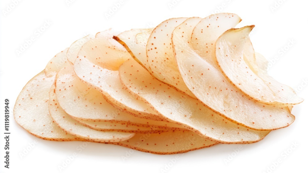 Sliced Chinese pear arranged neatly on a white background showcasing its delicate texture and natural color variations Sliced Chinese pear arranged neatly on a white background showcasing its delicate texture and natural color variations
