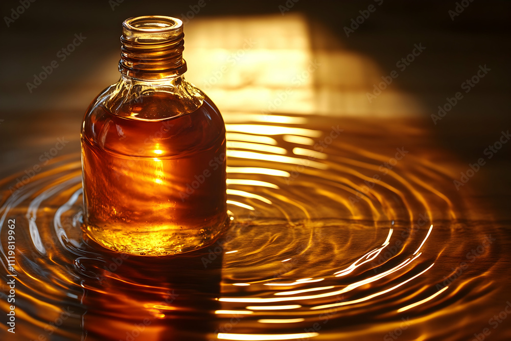Amber liquid in glass bottle, ripples on surface. Amber liquid in glass bottle, ripples on surface.
