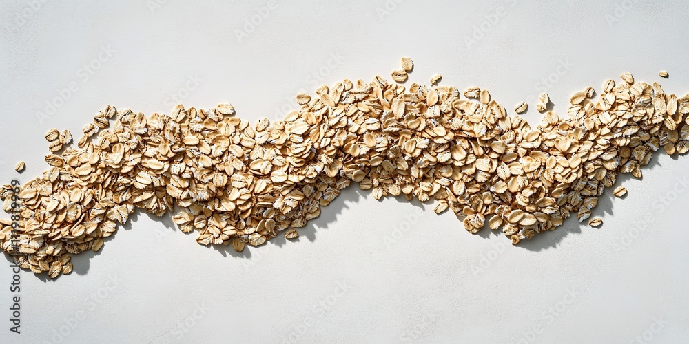 Obraz premium flat lay of rolled oats arranged in creative wave pattern on matte white surface under bright studio light