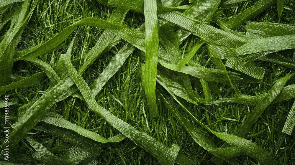 Detailed close-up of worn artificial grass turf showing chaotic fibers in need of restoration and repair highlighting material degradation. Detailed close-up of worn artificial grass turf showing chaotic fibers in need of restoration and repair highlighting material degradation.