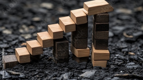 Wooden blocks arranged to illustrate economic downturn with falling trend and percentage symbols representing financial recession concepts