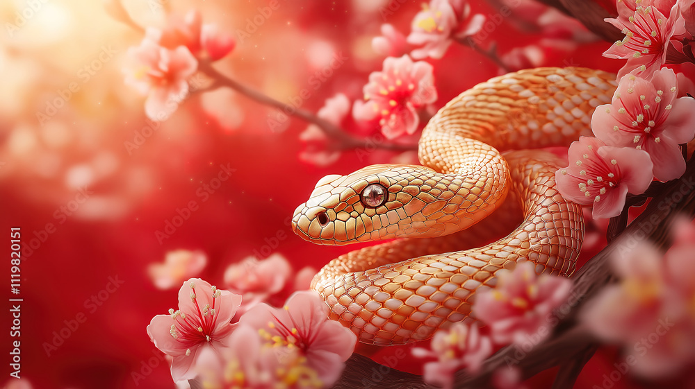 Golden snake and cherry blossom flowers creating a festive composition on red background Golden snake and cherry blossom flowers creating a festive composition on red background