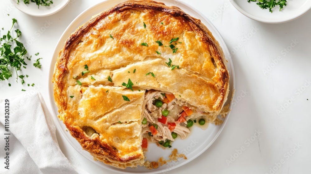 Delicious homemade chicken pie with a golden crust and fresh ingredients displayed on a white background Delicious homemade chicken pie with a golden crust and fresh ingredients displayed on a white background
