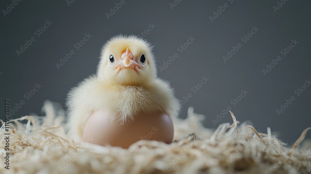 Obraz premium Charming chick emerging from an egg on soft bedding with a neutral gray background creating a serene and natural atmosphere.