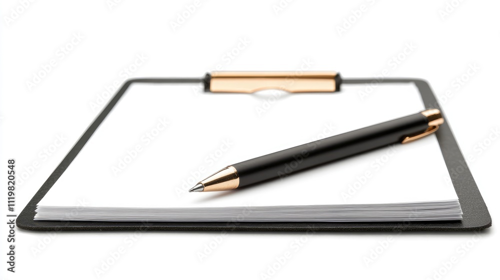 Black clipboard with blank sheets and a sleek pen on white background for office and creative use. Black clipboard with blank sheets and a sleek pen on white background for office and creative use.