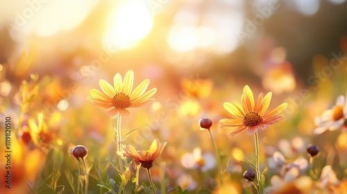 Chrysanthemum morifolium flowers blooming in golden afternoon light amidst a vibrant meadow setting photo