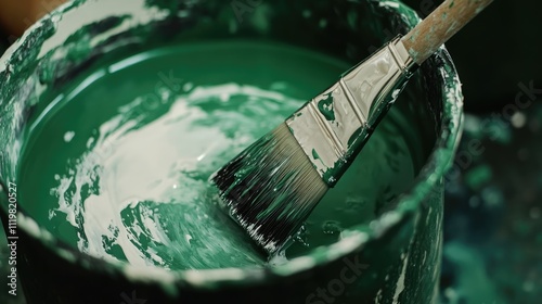 Brush dipped in white paint in a green container showcasing tools for home renovation and the painting process for creative projects photo