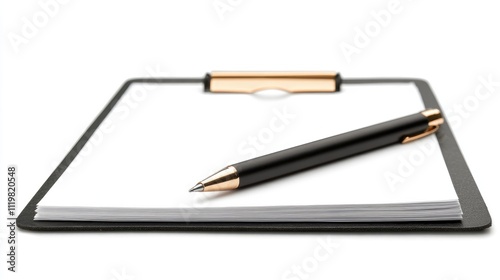 Black clipboard with blank sheets and a sleek pen on white background for office and creative use. photo