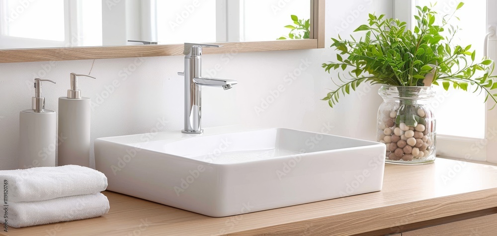 A modern bathroom sink with a sleek faucet, surrounded by soft towels and a decorative plant, creating a fresh and inviting atmosphere. A modern bathroom sink with a sleek faucet, surrounded by soft towels and a decorative plant, creating a fresh and inviting atmosphere.