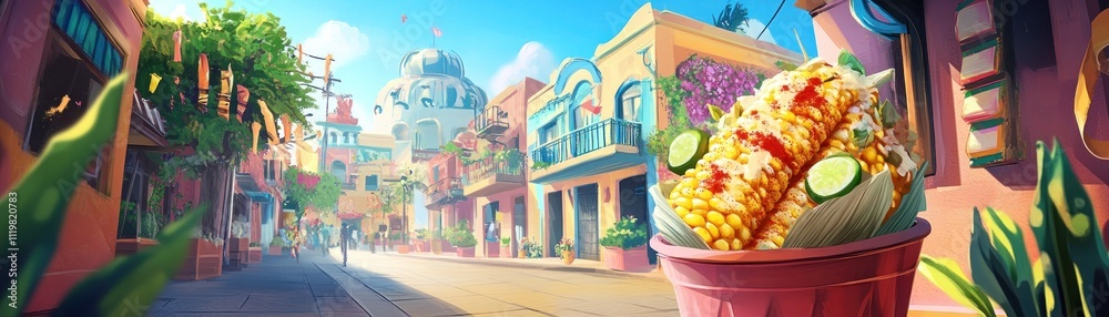 A vibrant street scene showcasing colorful buildings and a basket of corn on the cob. A vibrant street scene showcasing colorful buildings and a basket of corn on the cob.
