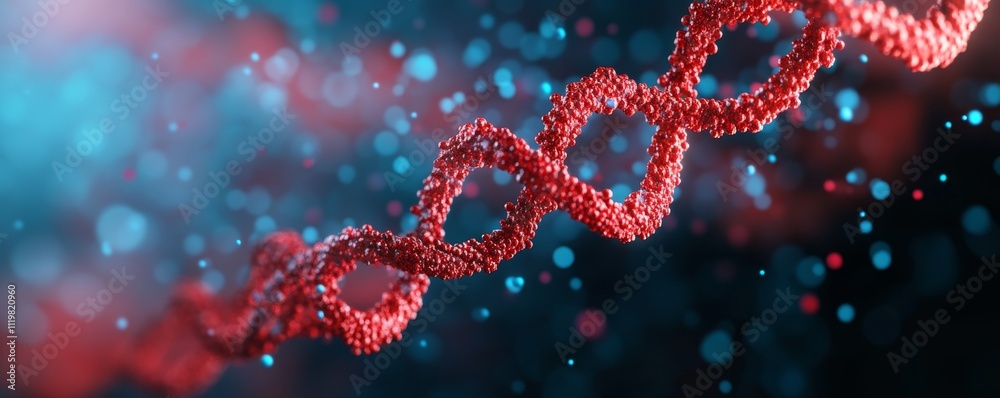 a red DNA double helix surrounded by vibrant, glowing particles, representing genetic science and molecular biology. a red DNA double helix surrounded by vibrant, glowing particles, representing genetic science and molecular biology.