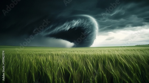 Nature's Fury: A Dramatic Tornado Over a Lush Green Field photo