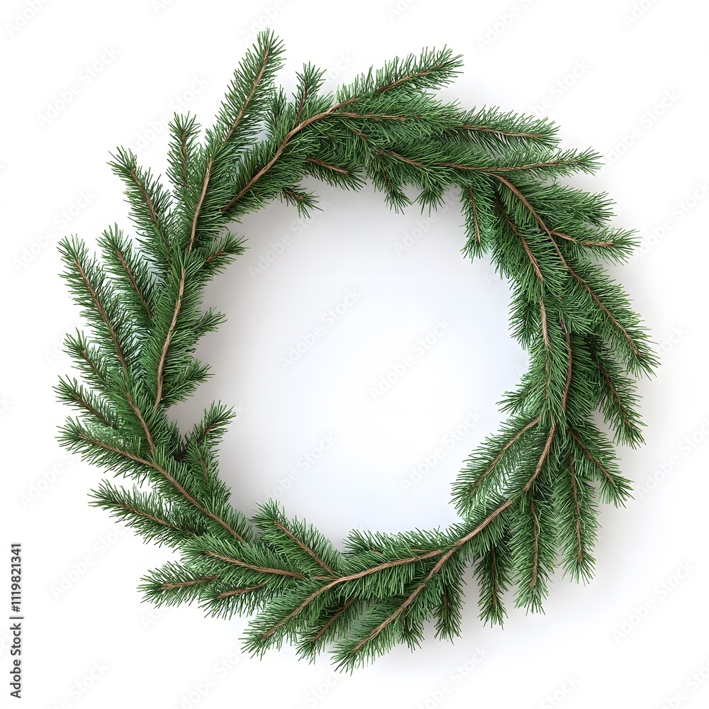 Round wreath of green spruce or pine branches on a white background Round wreath of green spruce or pine branches on a white background
