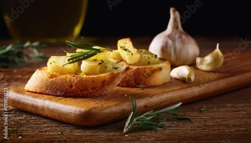 bruschetta with olive oil, garlic and rosemary, served on a wooden board  photo