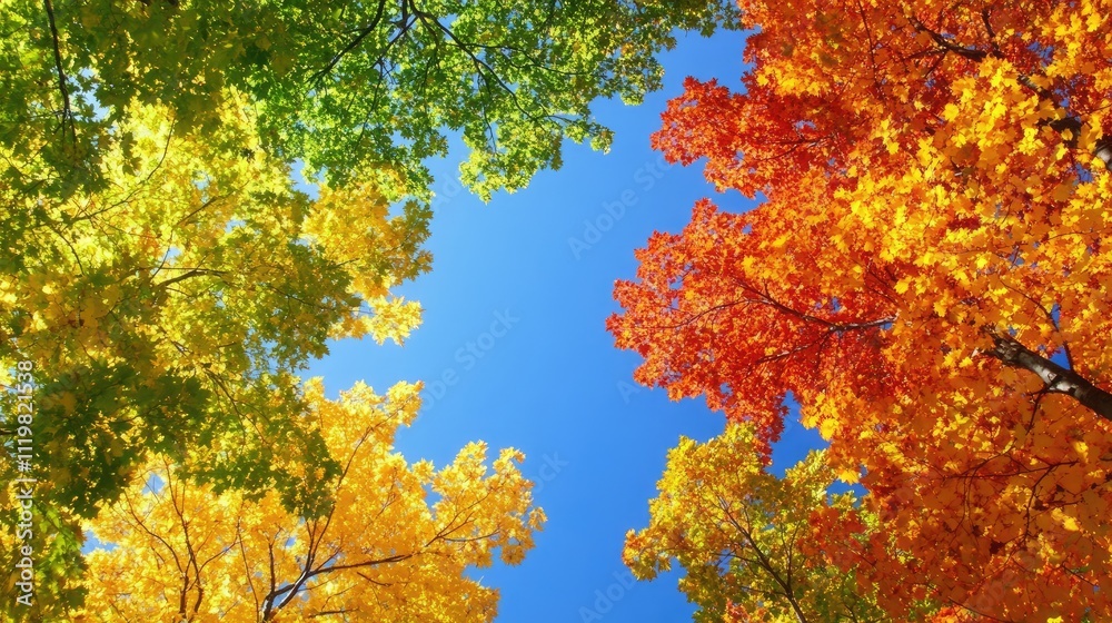 Vibrant autumn foliage canopy with colorful leaves in shades of orange yellow and green against a clear blue sky in a picturesque landscape Vibrant autumn foliage canopy with colorful leaves in shades of orange yellow and green against a clear blue sky in a picturesque landscape
