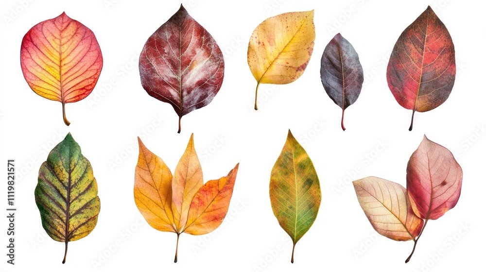 Obraz premium Colorful autumn leaves collection isolated on white background showcasing diverse shapes and vibrant fall hues ideal for seasonal designs.