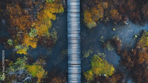 Aerial view of a wooden boardwalk through a vibrant autumn bog in Anzersky Island Arkhangelsk Region Russia. photo