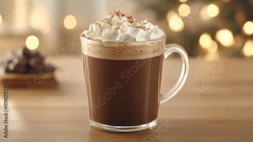 Frosted glass mug of rich hot chocolate topped with fluffy whipped cream and sprinkled cocoa against a warm bokeh background