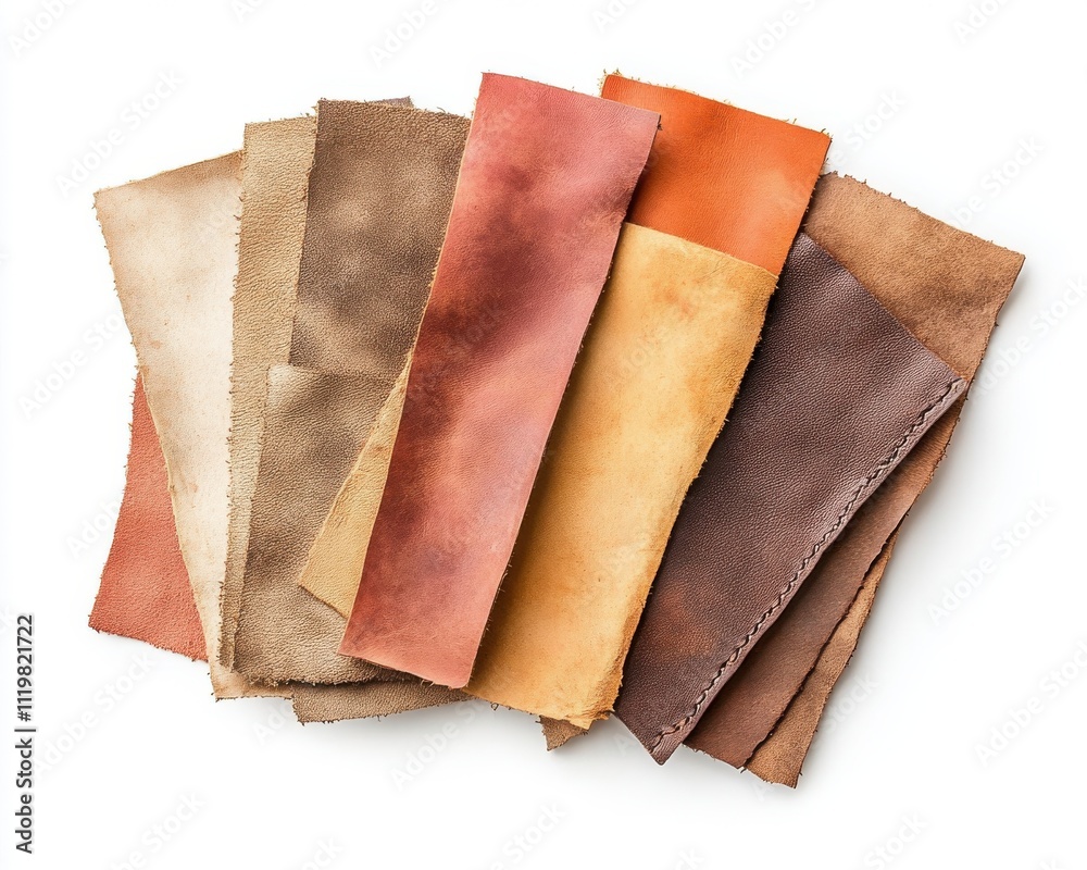 Colorful leather swatches arranged on a white background, ideal for design projects.
