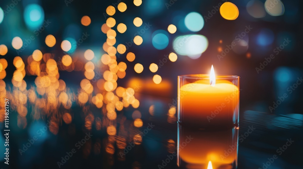 Candle glowing softly in dark ambiance with blurred bokeh lights creating a warm and serene atmosphere for relaxation or meditation