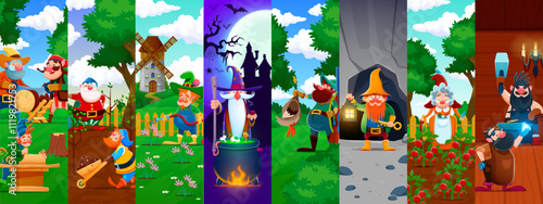 Cartoon dwarf and gnome characters collage. Vector fantasy wizard and villager, hunter, smith and lumberjack or gardener personages woodcutting, gardening, making potion and blacksmithing in fairytale
