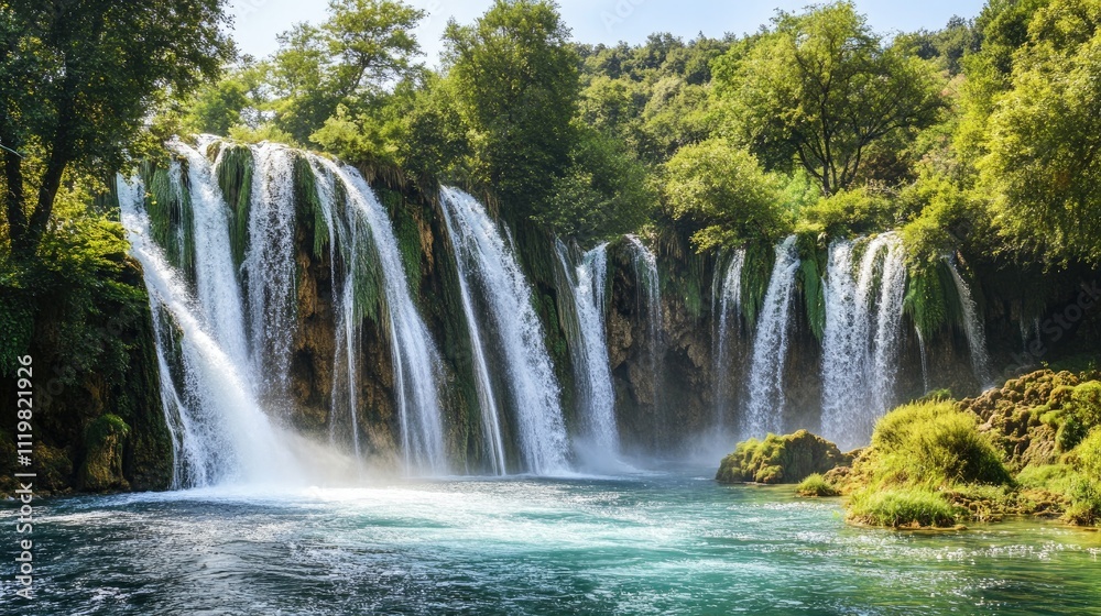 Obraz premium Majestic waterfall cascading through a lush national park surrounded by vibrant greenery and serene streams enhancing the forest's beauty.