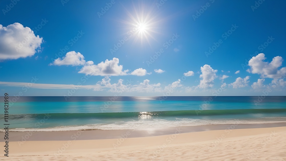 Panoramic photograph of a serene beach with soft beige sand, turquoise ocean waves, and a clear blue sky dotted with white clouds under the radiant sun. Panoramic photograph of a serene beach with soft beige sand, turquoise ocean waves, and a clear blue sky dotted with white clouds under the radiant sun.