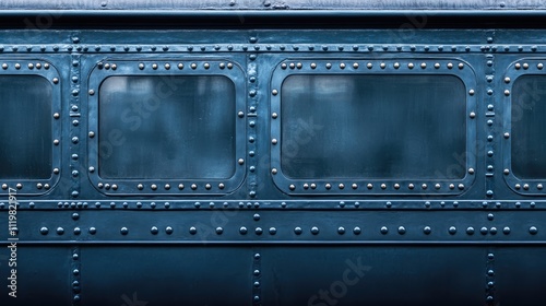Close up view of a vintage railway carriage featuring a riveted steel wall and intricate window details in a rich blue patina
