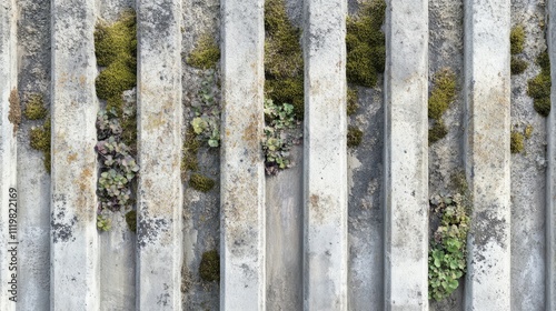 Gray concrete fence fragment with moss and mold showcasing a textured geometric background for nature and architecture themes