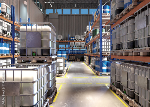 Chemical corporation warehouse. Storage with barrels and plastic tanks. Chemical products in warehouse. Industrial building with barrels on racks. IBC on pallets. Chemical factory warehouse. 3d image