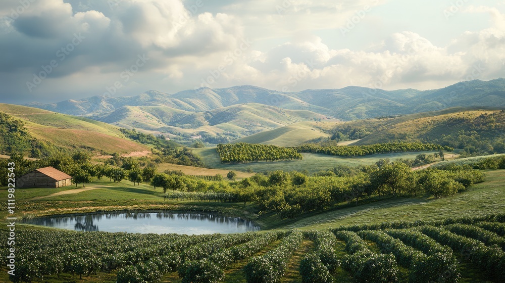 Naklejka premium Scenic agricultural landscape featuring apple orchards, a dam reservoir, and rolling hills under a cloudy sky.