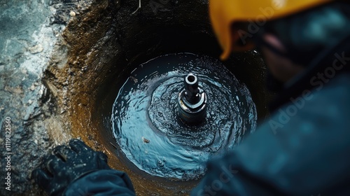 Drain cleaning service inspecting a blocked pipe with a camera revealing the cleaning process in action and ensuring efficient drainage solutions photo
