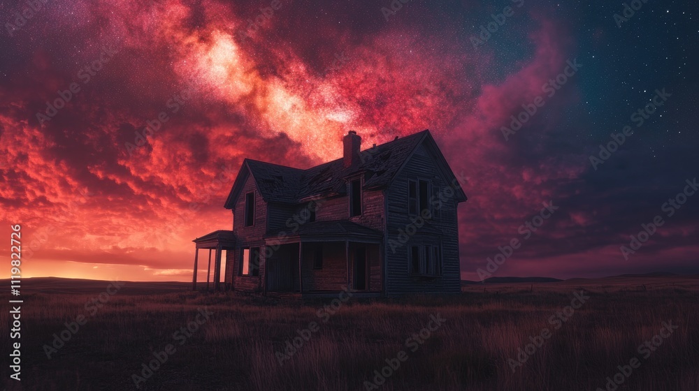 Mystical abandoned house under a vibrant sky with dramatic clouds and starry background at twilight in a serene landscape setting Mystical abandoned house under a vibrant sky with dramatic clouds and starry background at twilight in a serene landscape setting