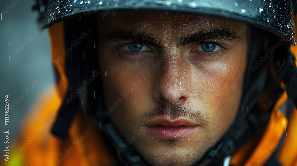 Portrait of a determined male firefighter in rain gear. Portrait of a determined male firefighter in rain gear.