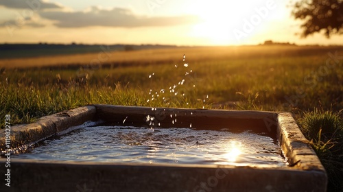 Sunlit drinking trough filled with water sparkling in a serene open field during golden hour with a distant horizon.