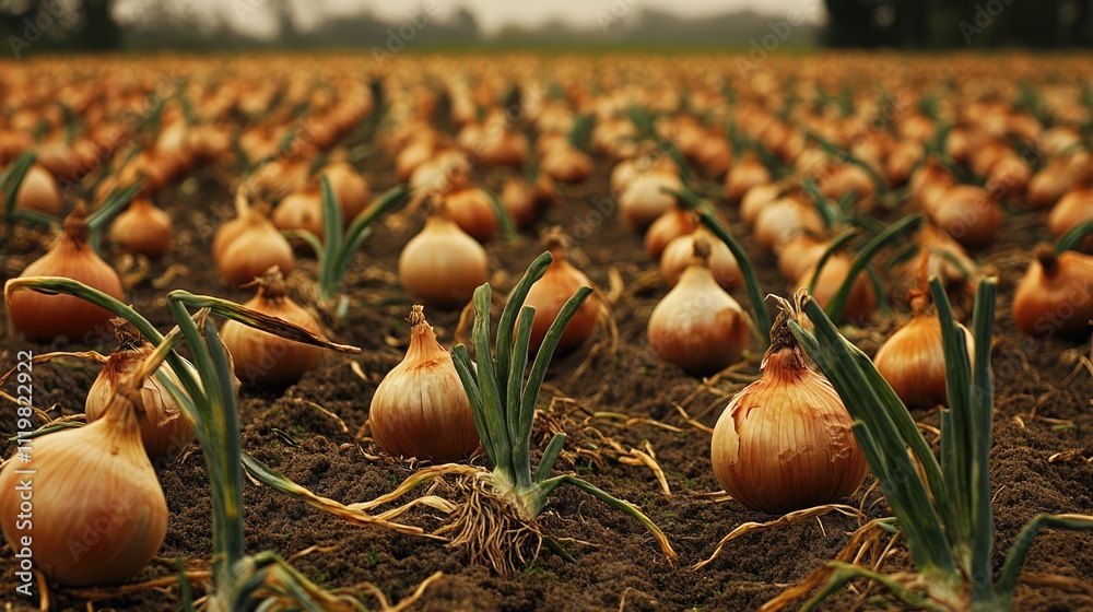 Lush onion field showcasing vibrant green tops and ripe bulbs ready for harvest in agricultural landscape. Lush onion field showcasing vibrant green tops and ripe bulbs ready for harvest in agricultural landscape.