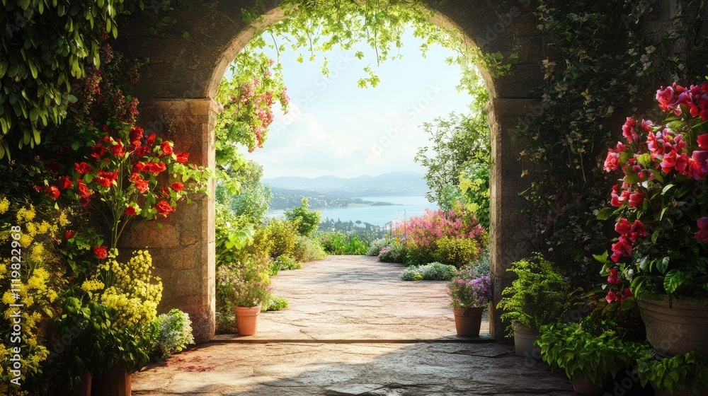 Serene garden entrance framed by vibrant flowers leading to a picturesque landscape with mountains and a tranquil lake in the background Serene garden entrance framed by vibrant flowers leading to a picturesque landscape with mountains and a tranquil lake in the background