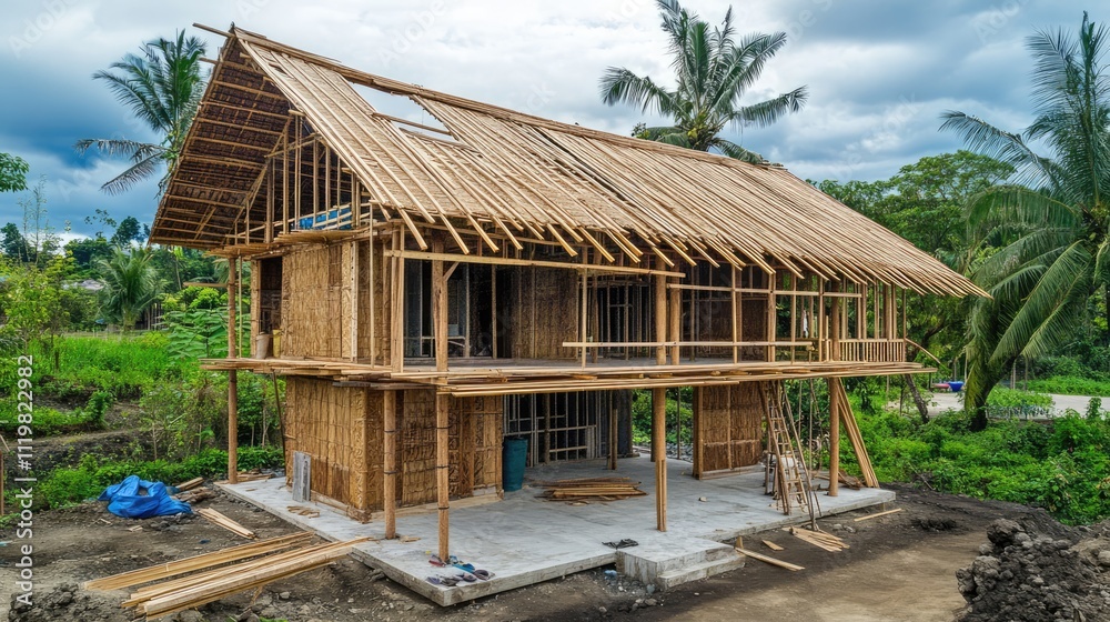 Newly constructed stick house with wooden roof rafters and timber beams supported by truss frames in a lush green environment. Newly constructed stick house with wooden roof rafters and timber beams supported by truss frames in a lush green environment.
