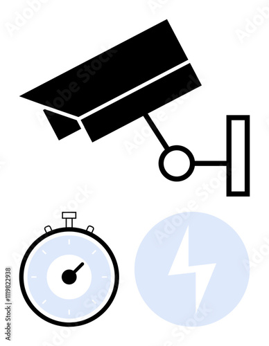 Surveillance camera stopwatch and lightning bolt icon. Ideal for security, time management, energy efficiency, safety, urgency, monitoring, reliability. Line metaphor