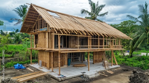 Newly constructed stick house with wooden roof rafters and timber beams supported by truss frames in a lush green environment.