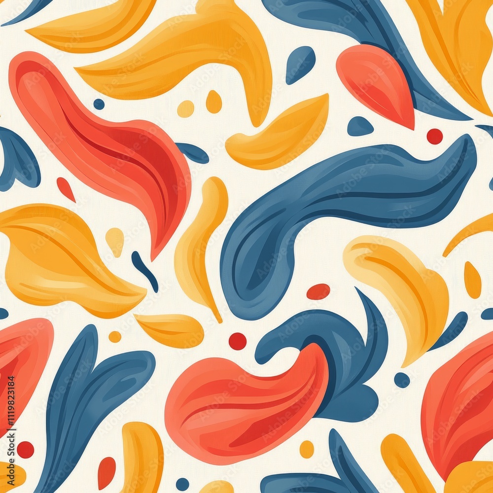 A cheerful and playful seamless pattern featuring flowing, organic shapes in a mix of bold, warm colors – orange, red, and blue – against a creamy white background. A cheerful and playful seamless pattern featuring flowing, organic shapes in a mix of bold, warm colors – orange, red, and blue – against a creamy white background.