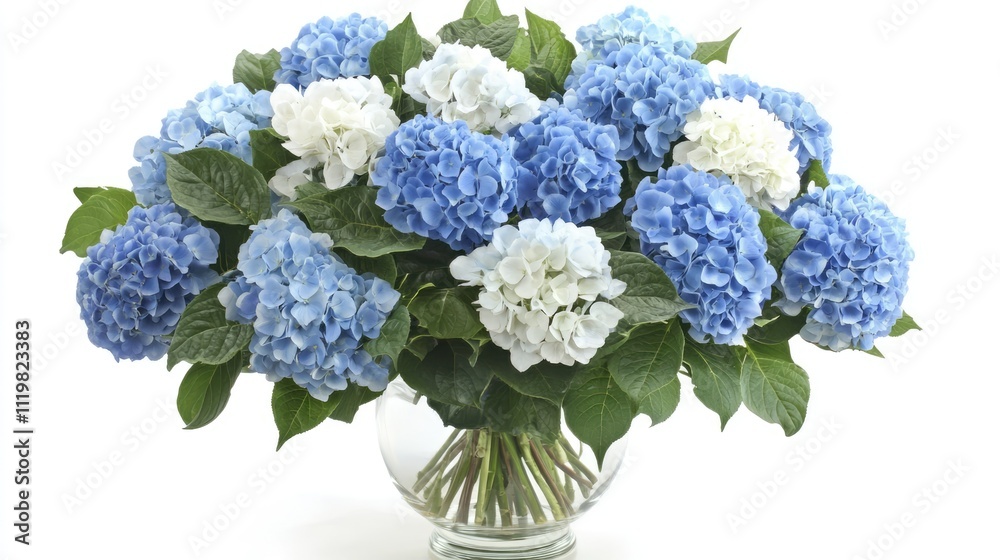 Elegant arrangement of blue and white hydrangea flowers in a clear vase showcasing beauty and freshness for floral designs and decor. Elegant arrangement of blue and white hydrangea flowers in a clear vase showcasing beauty and freshness for floral designs and decor.
