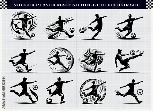 Dynamic Male Soccer Player Silhouette Set for Sports and Fitness Designs