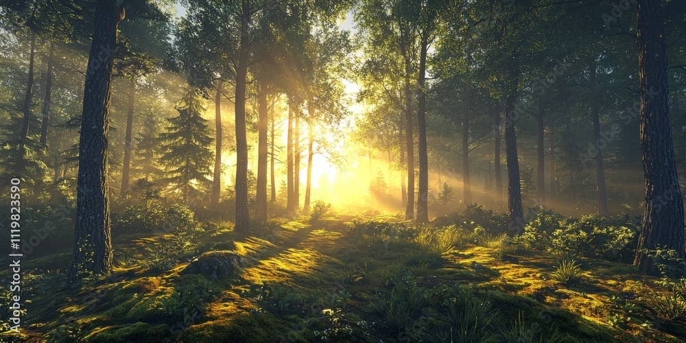 Obraz premium Serene Sunrise Forest Misty Woods Golden Light Mossy Path