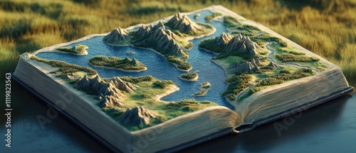 Open book with 3D terrain map of mountains, lakes, and islands.